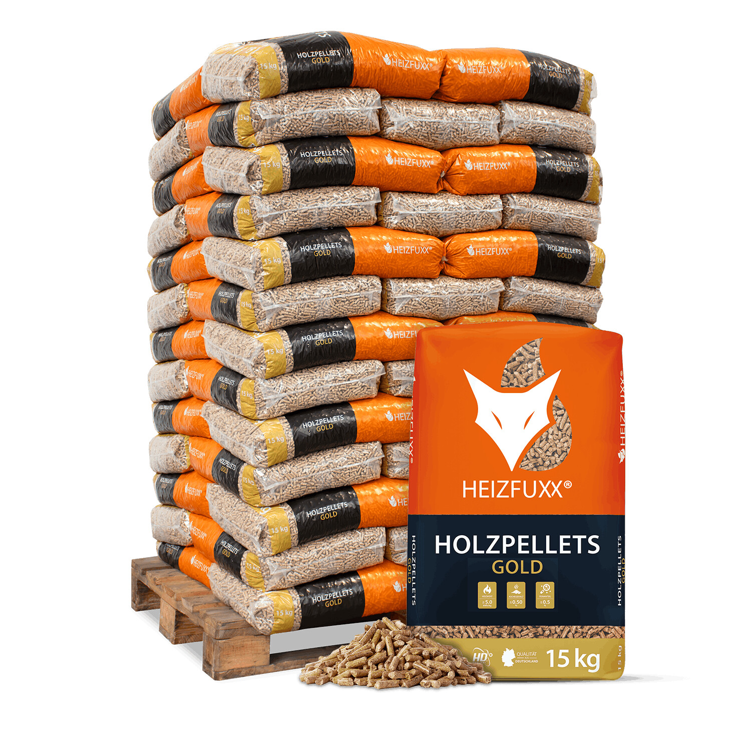  Heizfuxx Gold Wood Pellets 6 mm ENplus A1 – Pallet 990 kg (66 × 15 kg) for sale