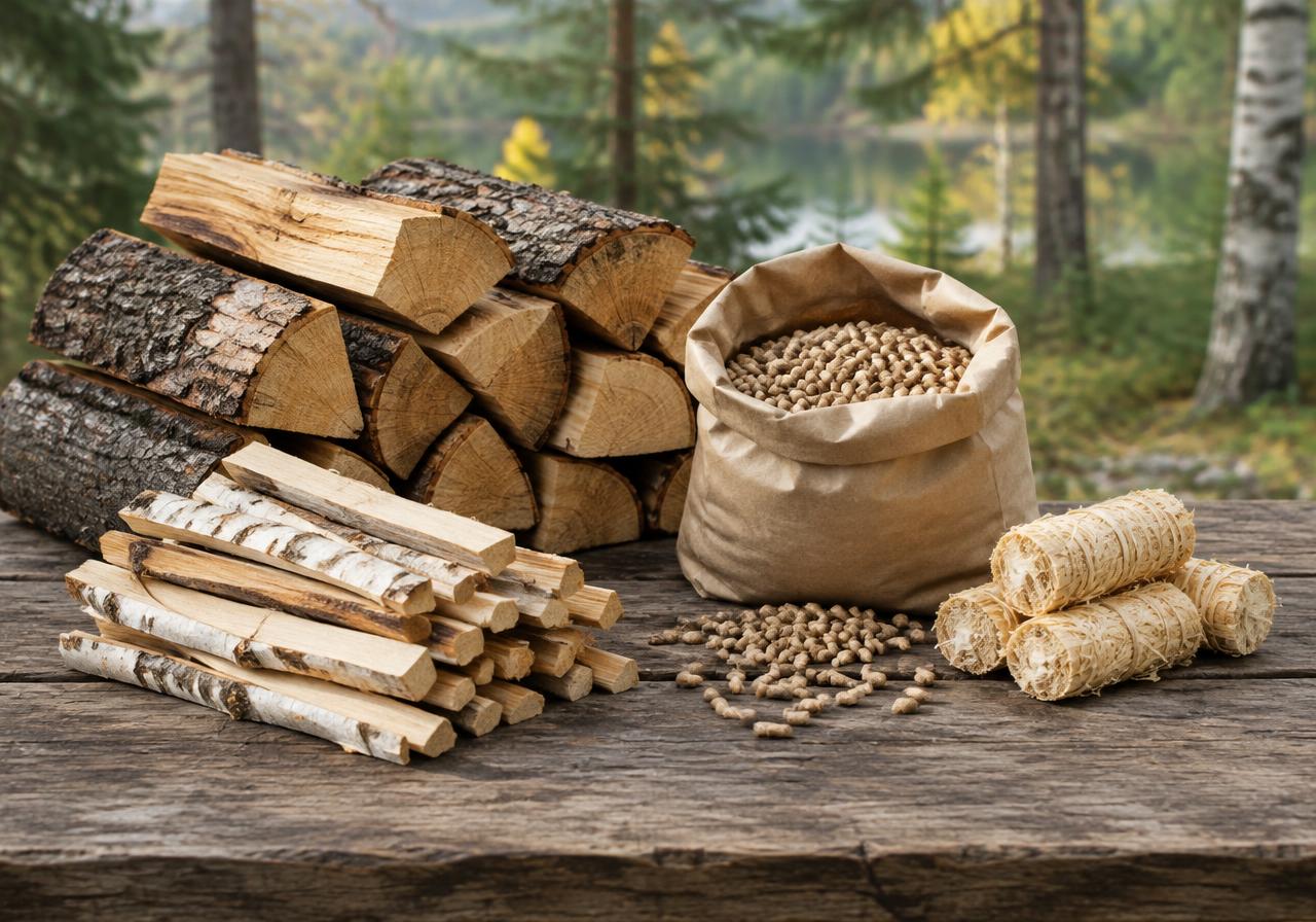 Split logs, kindling, wood pellets and firelighters on a wooden table