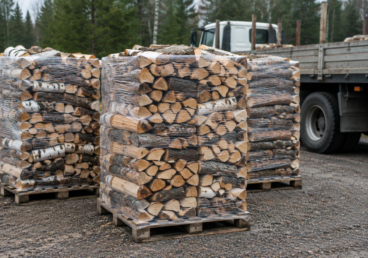 Wrapped pallets of split firewood ready for delivery
