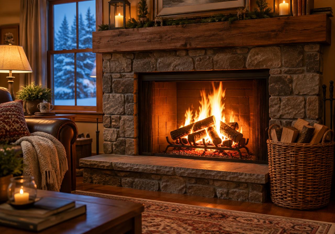 Firewood burning in a cozy fireplace