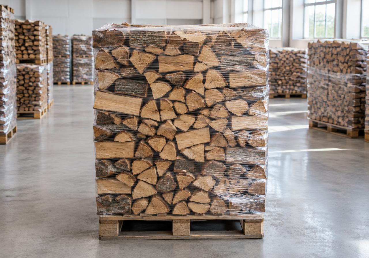 Wrapped pallet of firewood in a bright warehouse
