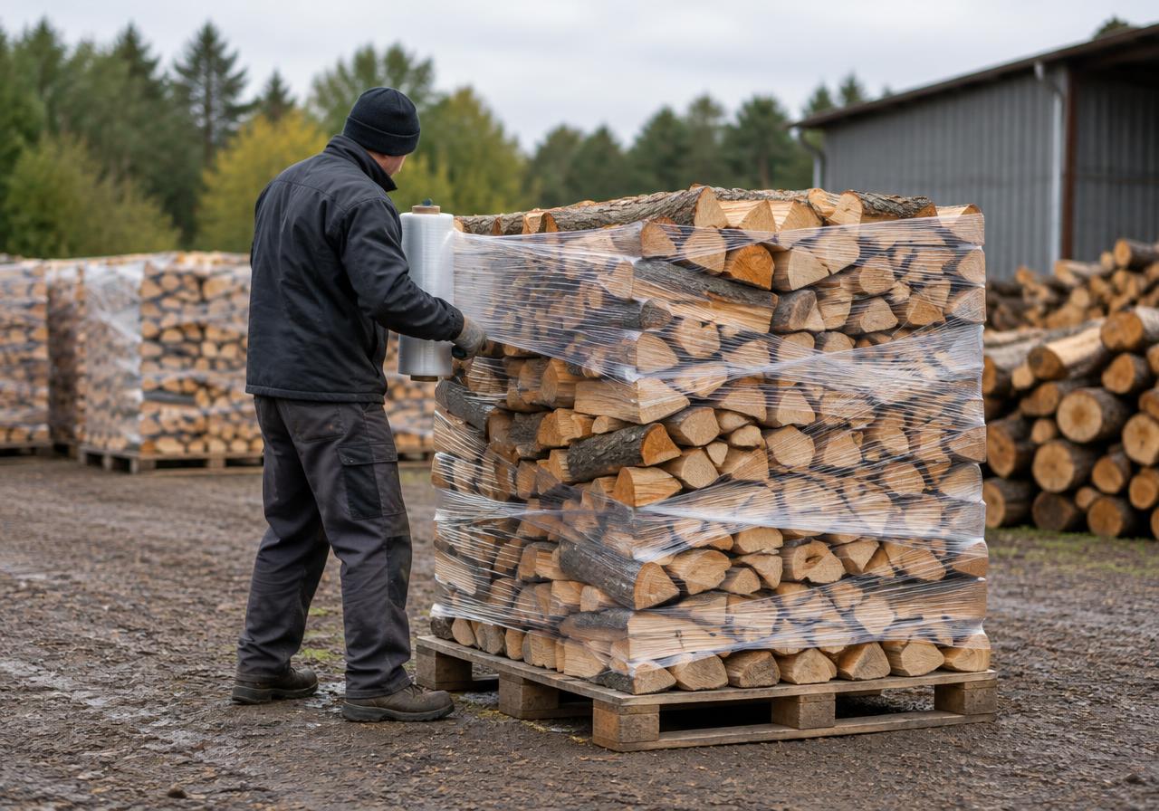 Worker wrapping a pallet of firewood in a yard