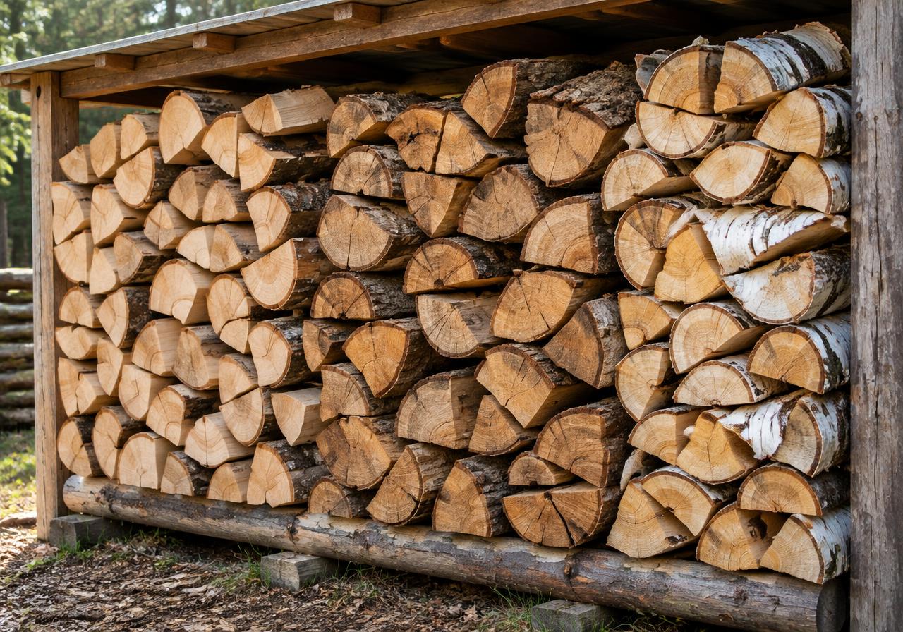 Stack of pre-dried split firewood