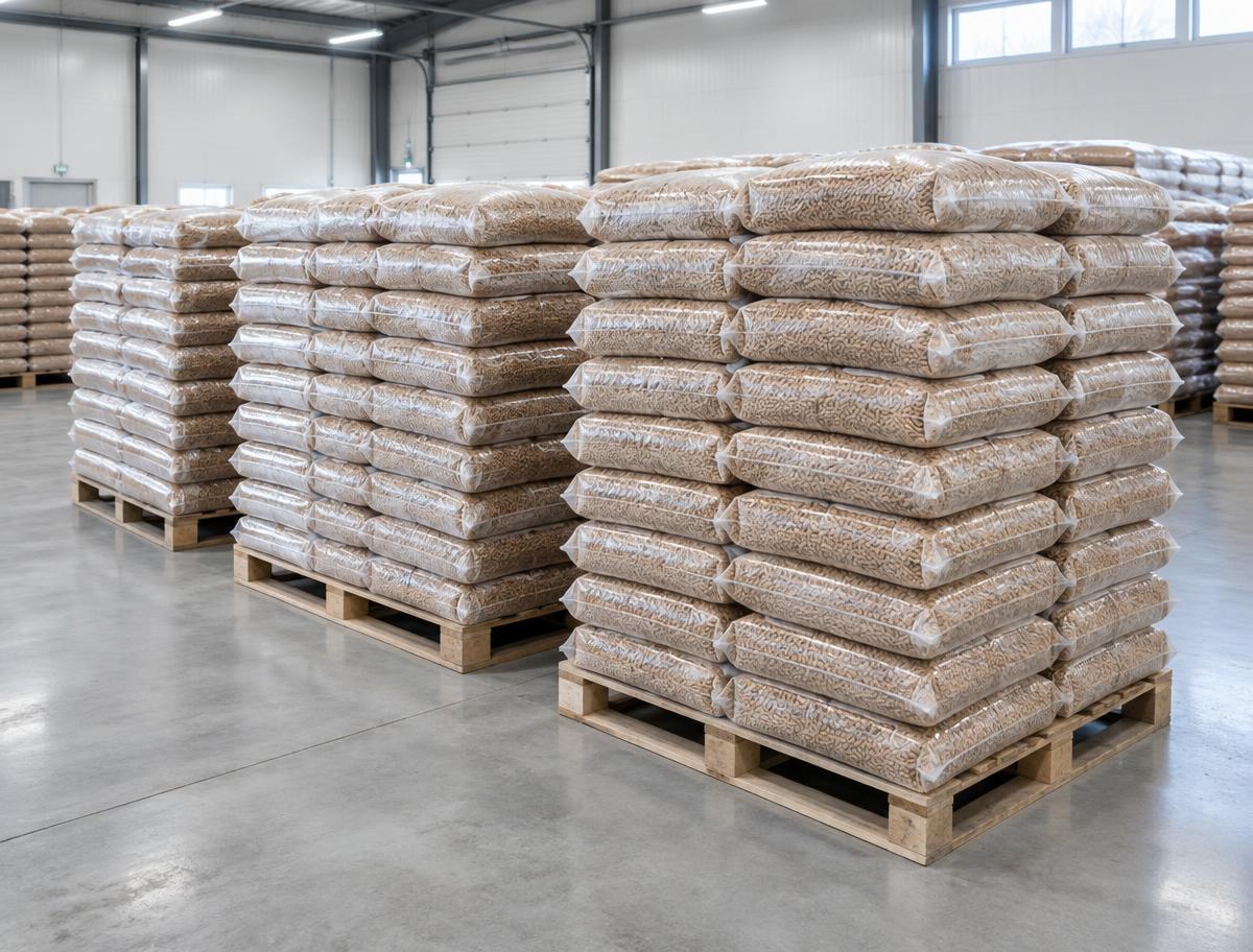 Pallets of bagged wood pellets in a warehouse