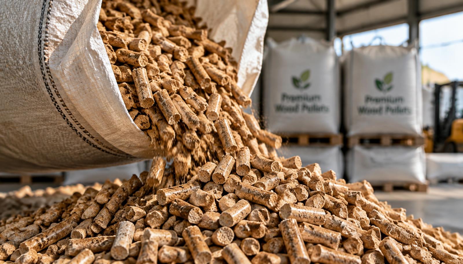 Wood pellets pouring from a bag