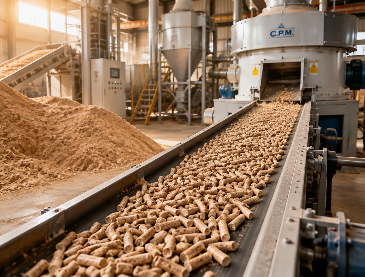 Wood pellets on a production line